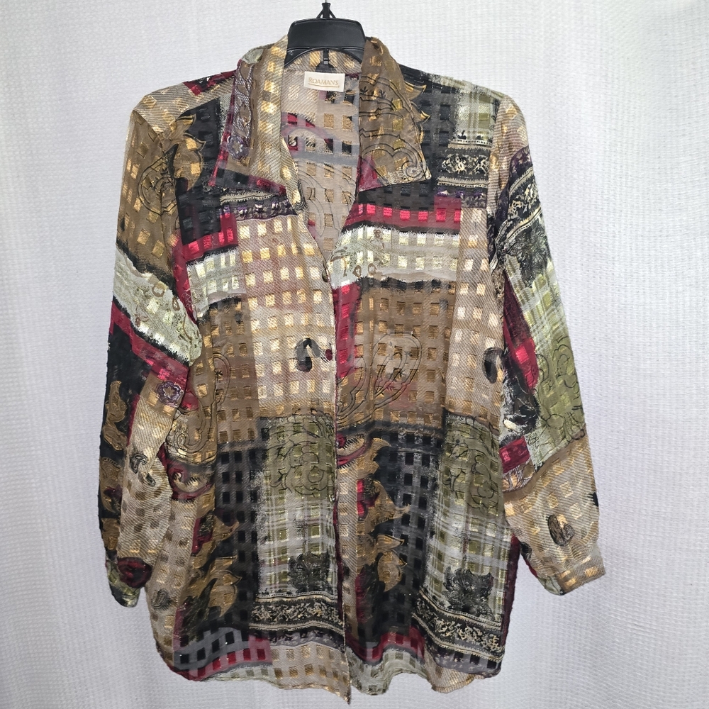 Vintage Roaman's Semi Sheer Multicolor Button-Up Shirt OSFM Long Sleeve Cover Up